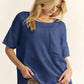 Davi & Dani high-low round neck navy knit top, relaxed fit, short sleeves