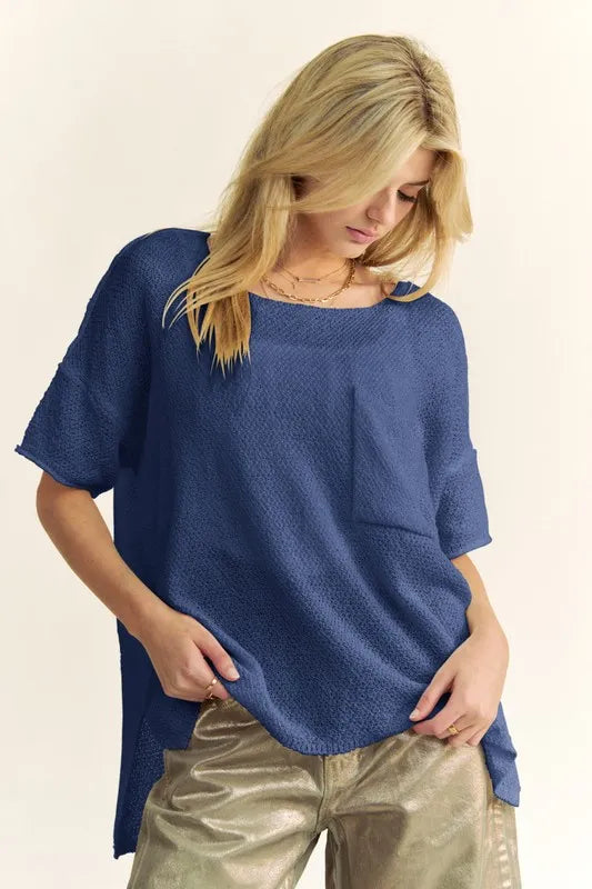 Davi & Dani high-low round neck navy knit top, relaxed fit, short sleeves