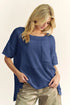 Davi & Dani high-low round neck navy knit top, relaxed fit, short sleeves