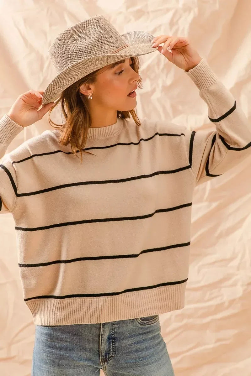 SO ME Stripe Crew Neck Basic Essential Sweater - DAVERRI FASHIONS