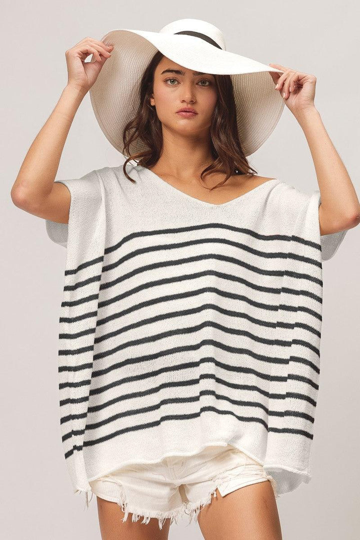 BiBi V Neck Striped Short Sleeve Top Black Shirts & Tops