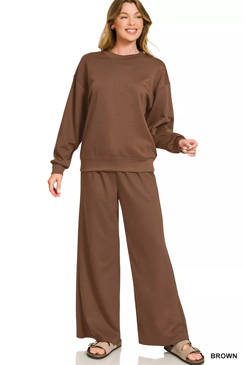 BROWN Zenana Scuba Crewneck Pullover and Pants Set Brown | Loungewear Sets Daverri Fashions
