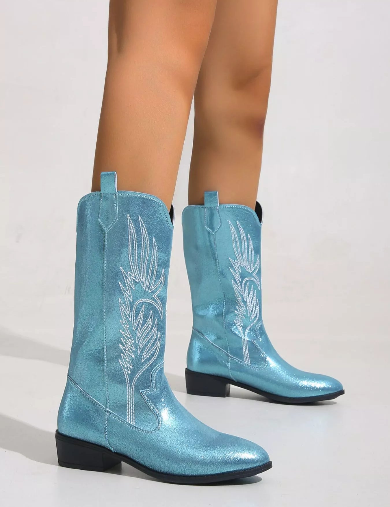 Peacock Blue Embroidered Block Heels Boots | Boots Daverri Fashions