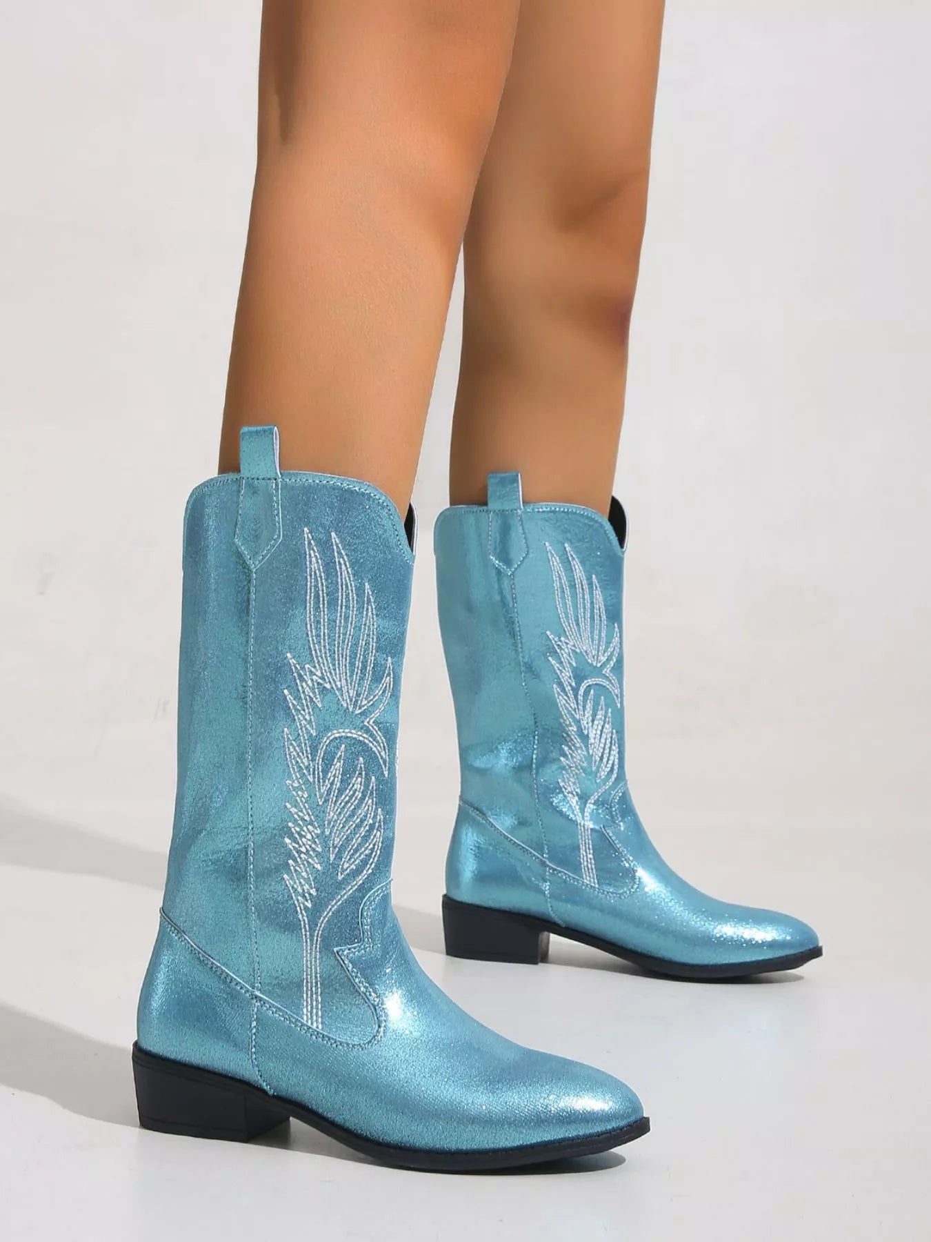 Peacock Blue Embroidered Block Heels Boots | Boots Daverri Fashions