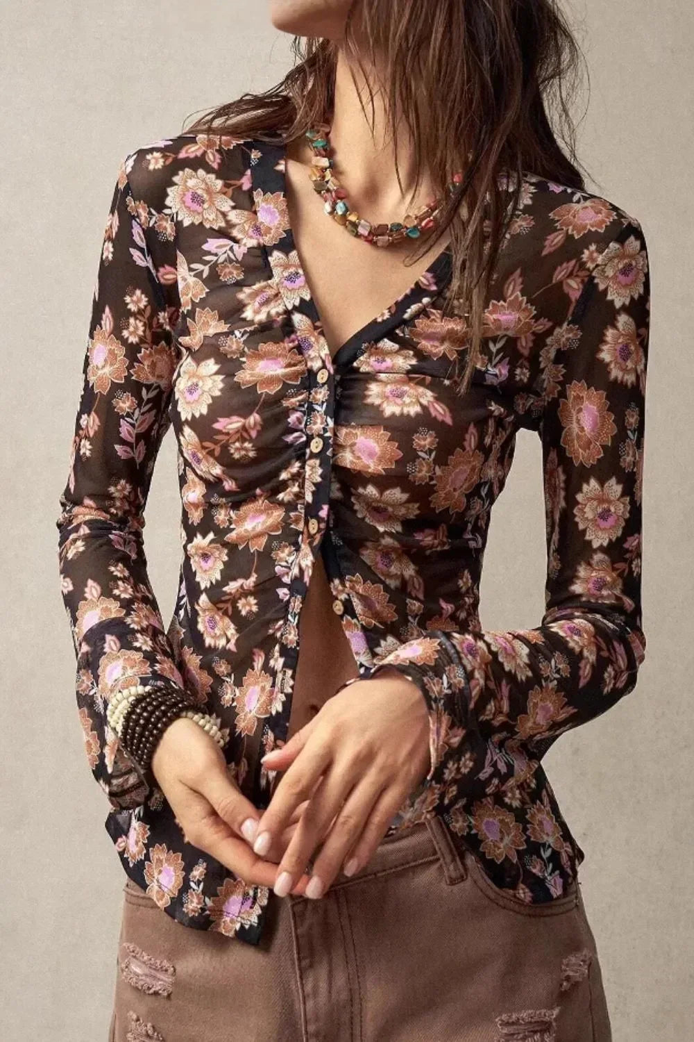 Floral Button-Front Shirt with Bell Sleeves - DAVERRI FASHIONS