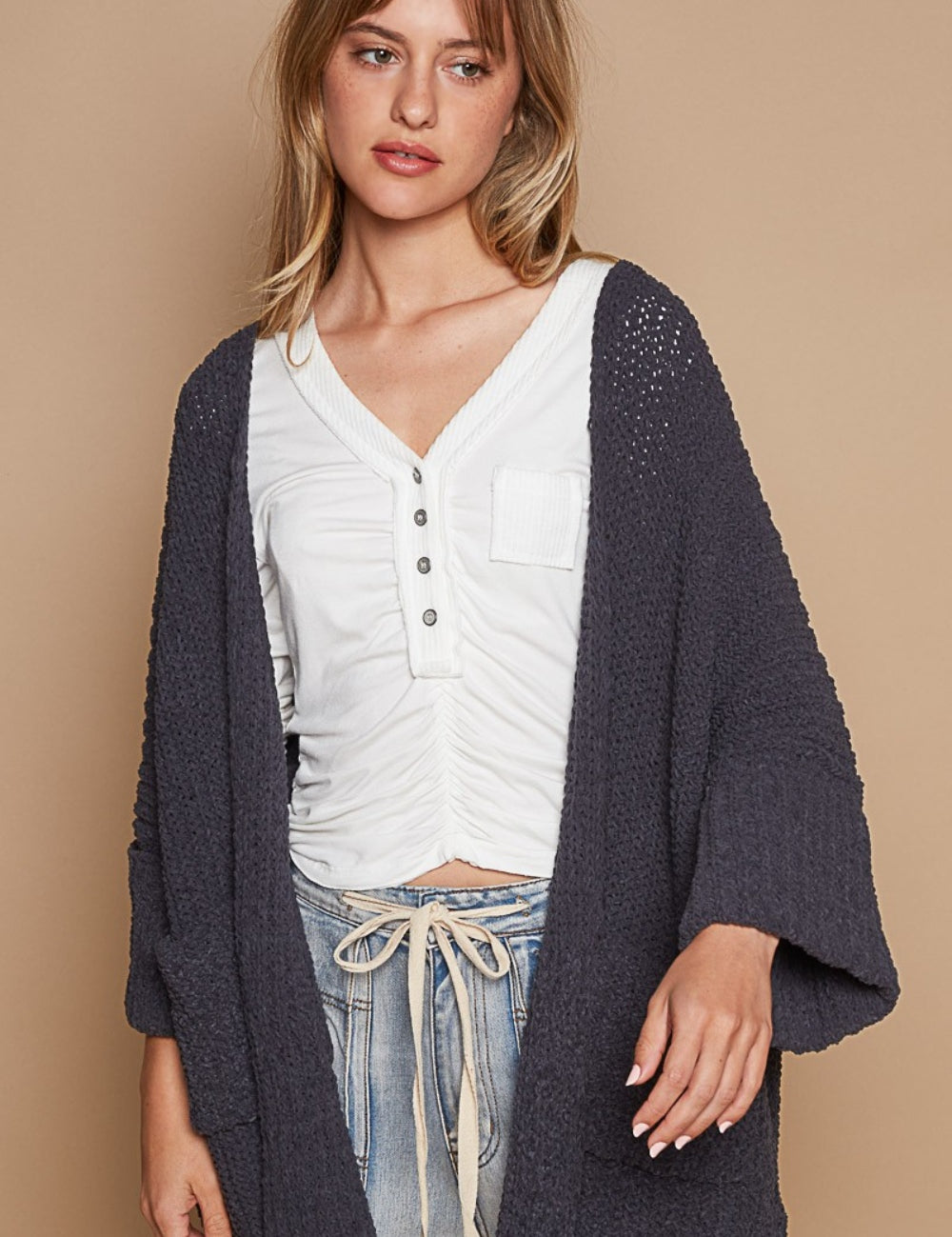 POL Open Front Sweater Cardigan with Pockets Ink Charcoal L