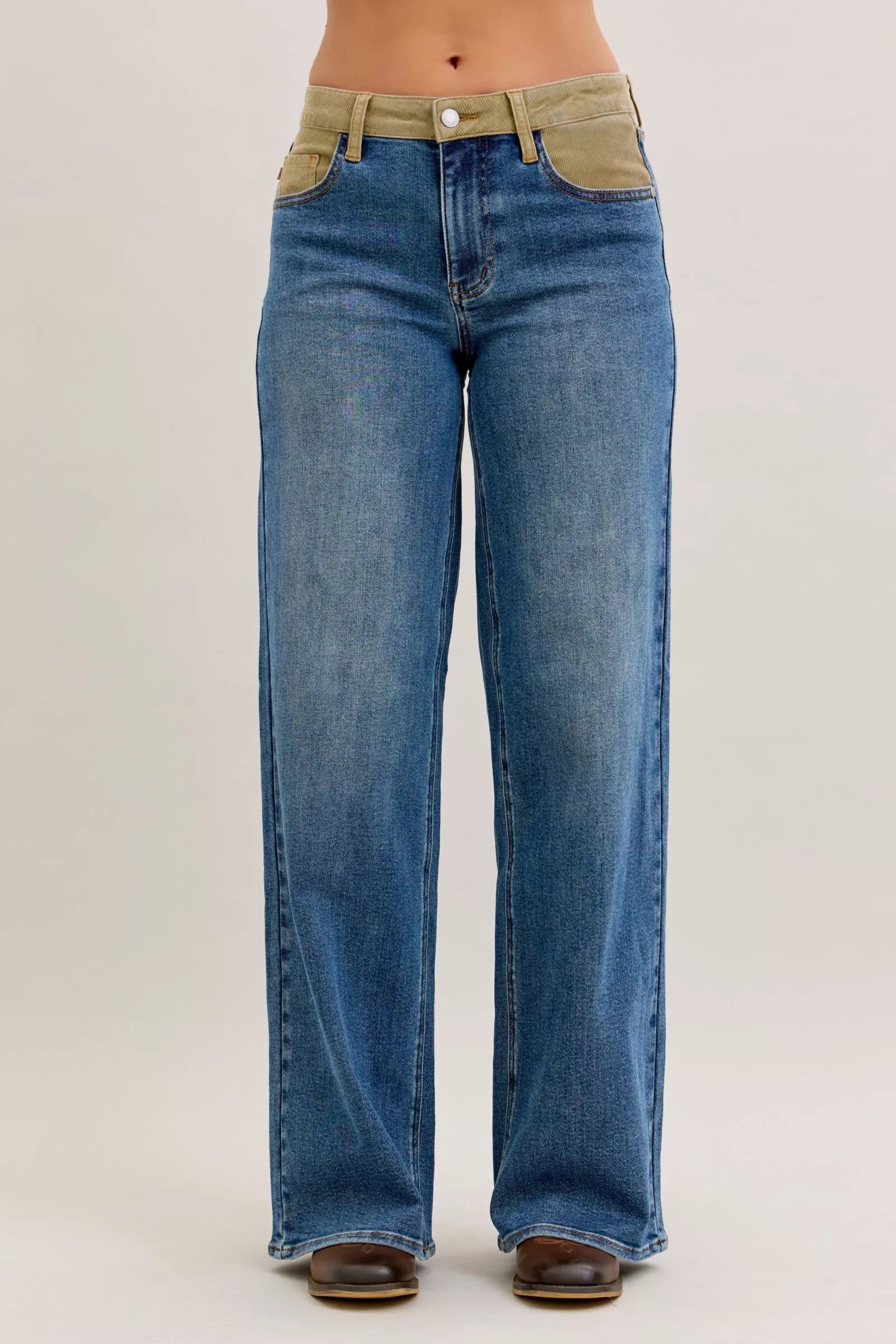 Judy Blue mid-rise straight jeans with khaki corduroy waistband and pockets