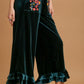 Umgee Full Size Wide Fit Ruffle Velvet Pants with Embroidered Pockets Pants