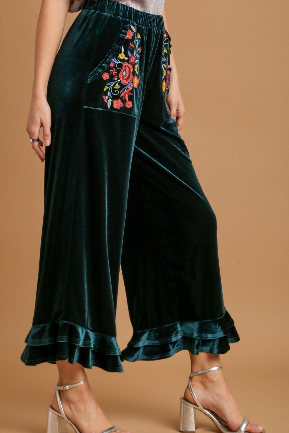 Umgee Full Size Wide Fit Ruffle Velvet Pants with Embroidered Pockets Pants