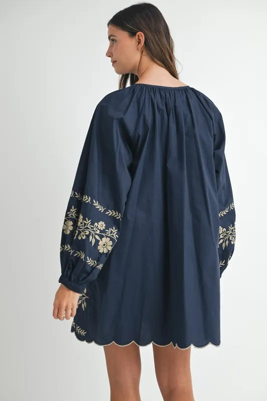 MABLE Embroidered Long Sleeve Peasant Mini Dress Mini Dresses