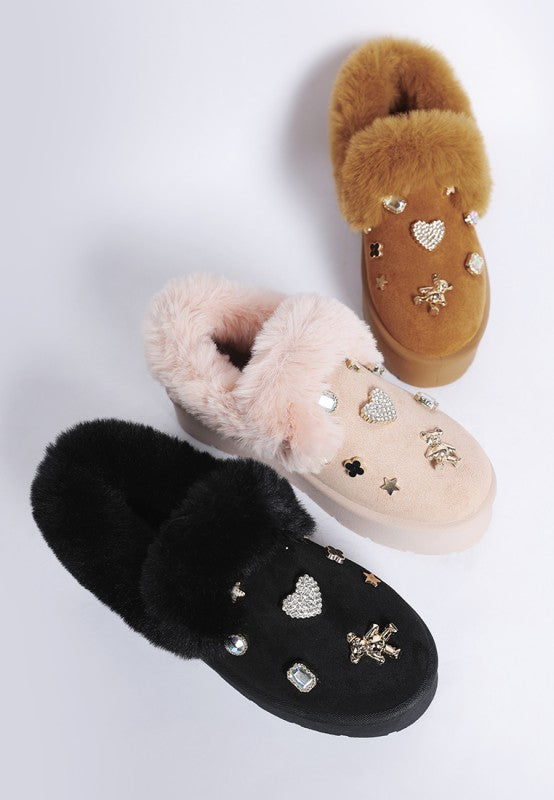 Black beige tan fuzzy slip-on mules with heart rhinestones and charms
