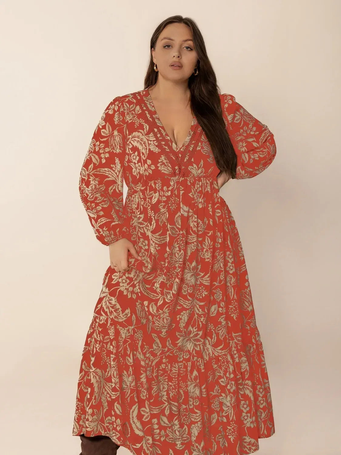 Plus Size Lace Detail Printed Balloon Sleeve Midi Dress - DAVERRI FASHIONS