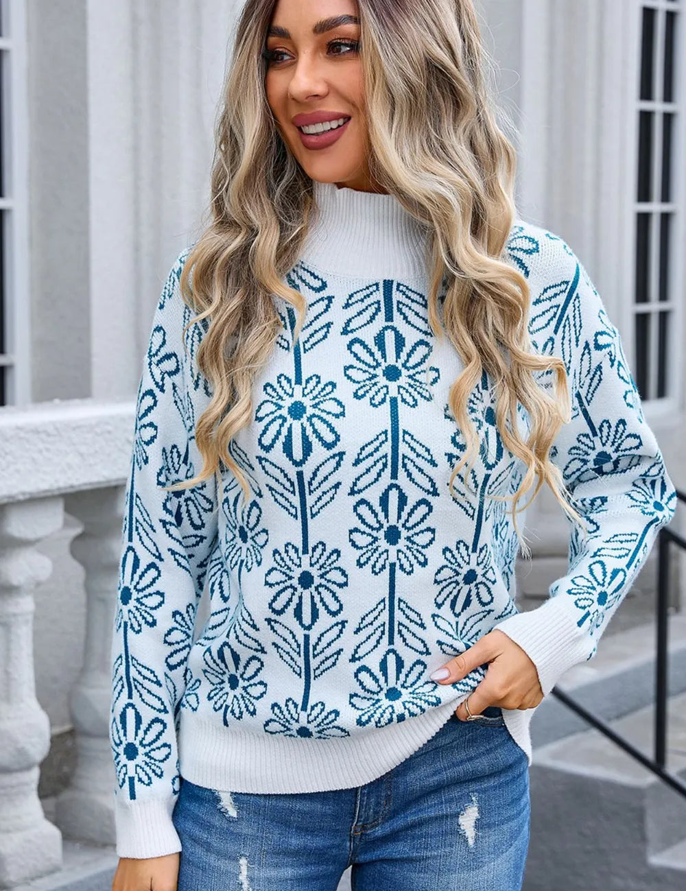 Peacock Blue Angel Wings Flower Turtleneck Long Sleeve Sweater | Sweaters Daverri Fashions