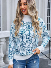 Peacock Blue Angel Wings Flower Turtleneck Long Sleeve Sweater | Sweaters Daverri Fashions
