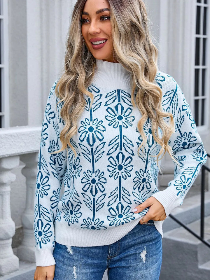 Peacock Blue Angel Wings Flower Turtleneck Long Sleeve Sweater | Sweaters Daverri Fashions