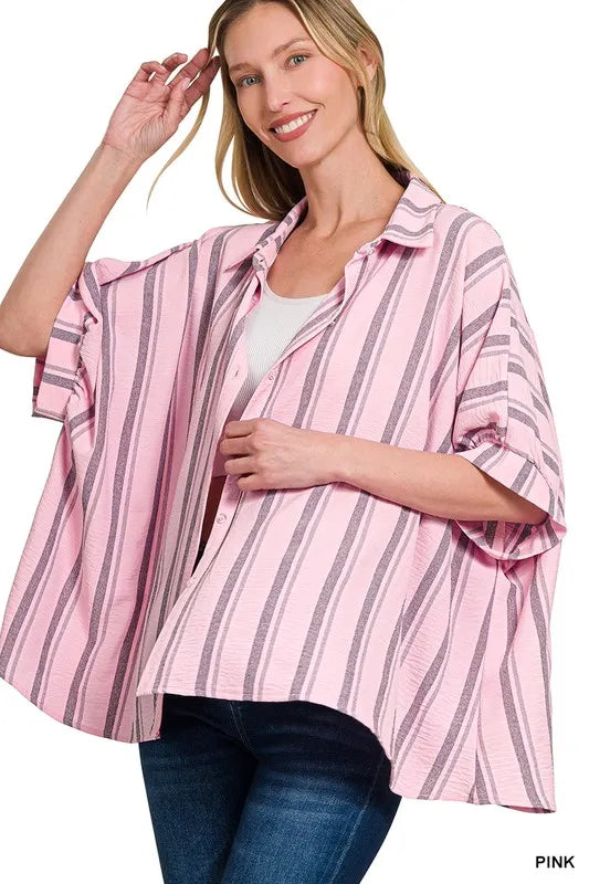 Zenana Woven Yarn-Dye Stripe Oversized Button Down Shirt | Daverri Fashions