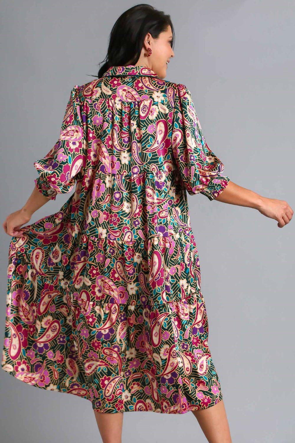 Umgee Full Size Paisley Print Satin Tiered Midi Dress Plus Size Mid Dresses