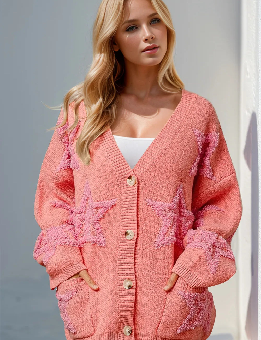 Coral Double Take Full Size Button Up Star Pattern Cardigan | Cardigans Daverri Fashions