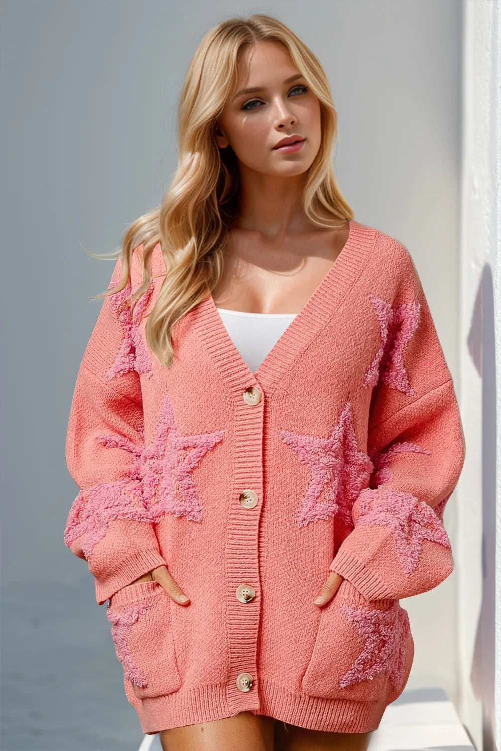 Coral Double Take Full Size Button Up Star Pattern Cardigan | Cardigans Daverri Fashions