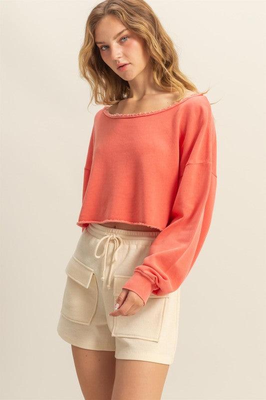 HYFVE Frayed Detail Boat Neck Long Sleeve Crop Top Burnt Coral Tops