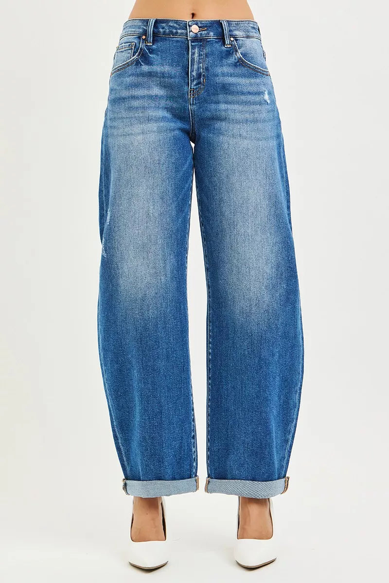 Blue Risen mid-rise wide-leg denim jeans with rolled cuffs and distressing
