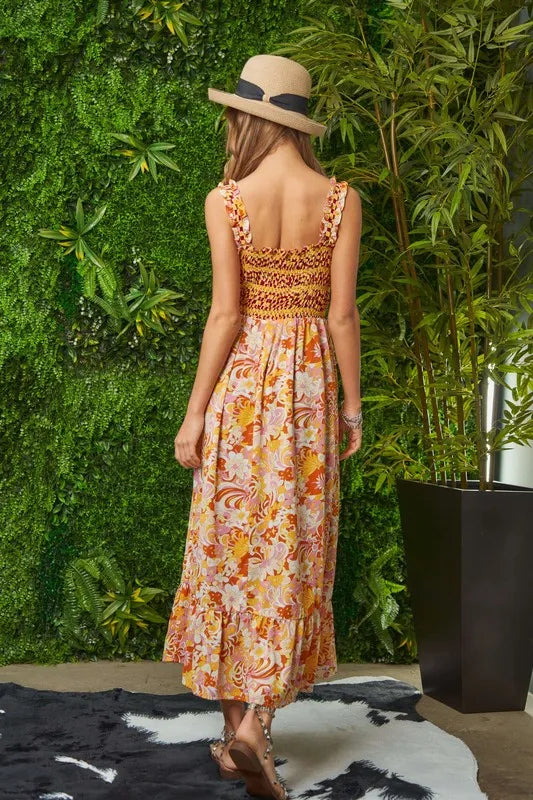 Davi & Dani Multi Smocked Bodice Geo Ruffle Strappy Midi Dress Midi Dresses