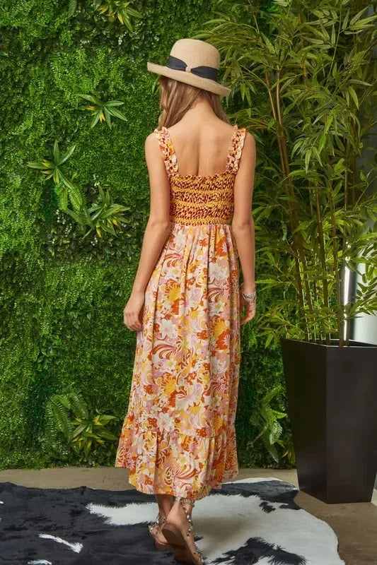 Davi & Dani Multi Smocked Bodice Geo Ruffle Strappy Midi Dress - DAVERRI FASHIONS