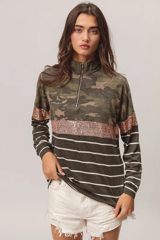 BiBi Camouflage French Terry Knit Top