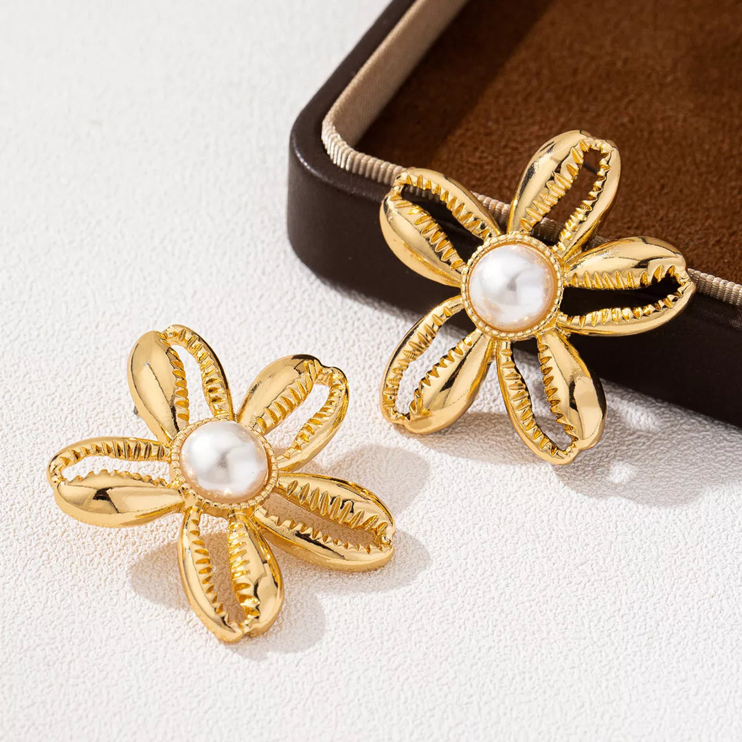 18K Gold-Plated Gold Flower Synthetic Pearl Stud Earrings | Earrings Daverri Fashions