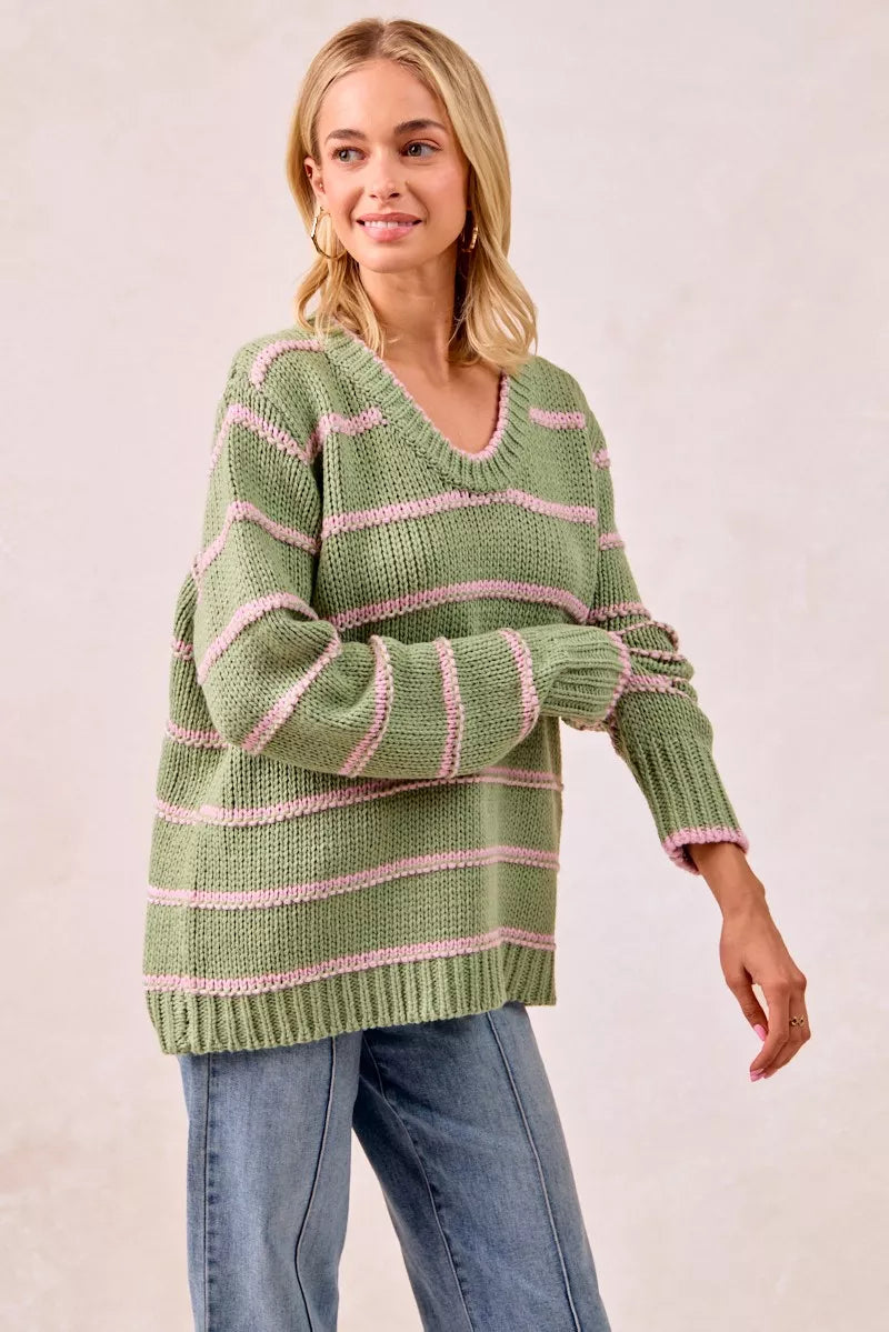 BiBi Striped Long Sleeve Sweater | Sweaters Daverri Fashions