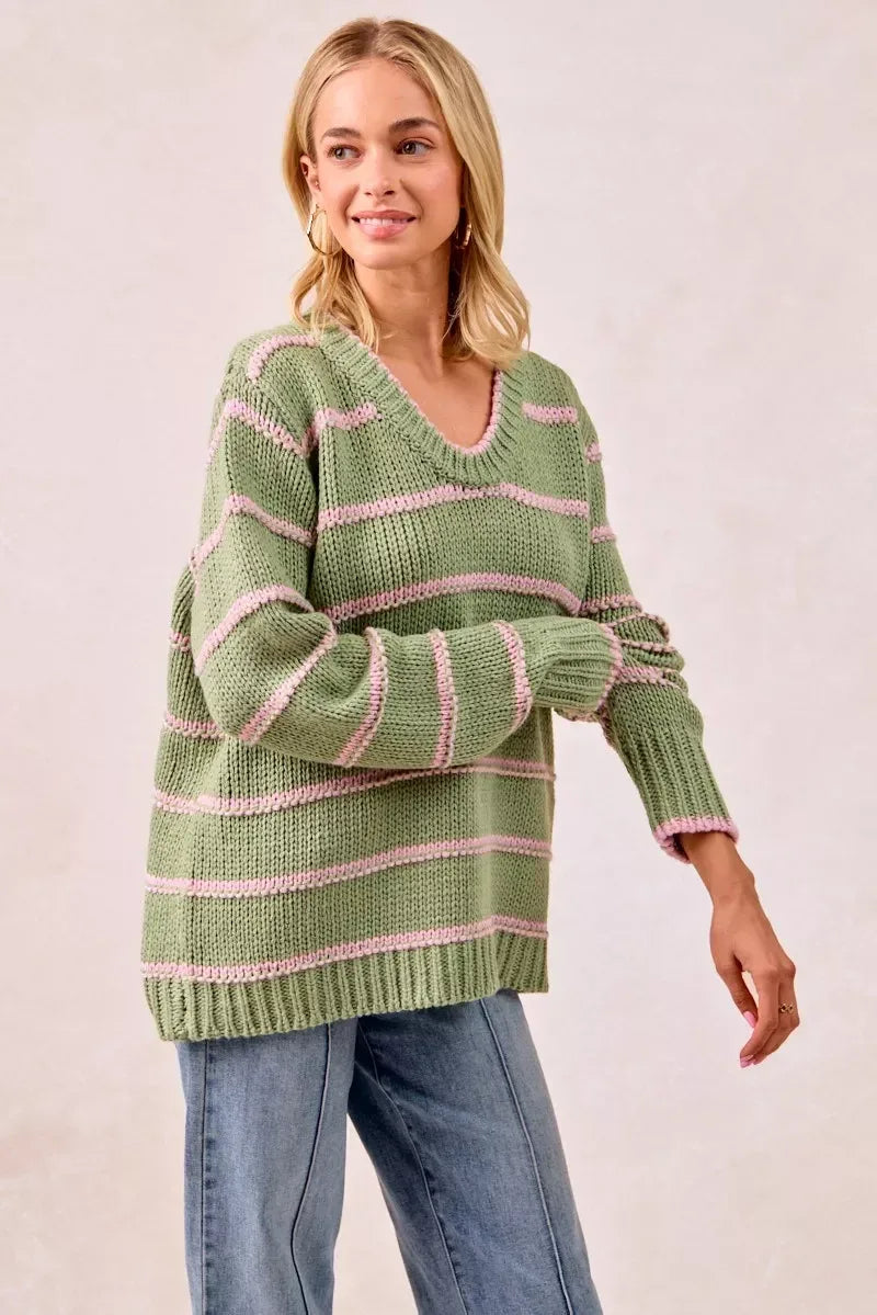 BiBi Striped Long Sleeve Sweater - DAVERRI FASHIONS