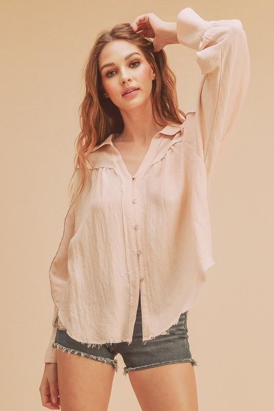 Aemi + Co Raw Hem Button Down Raglan Sleeve Shirt Peach