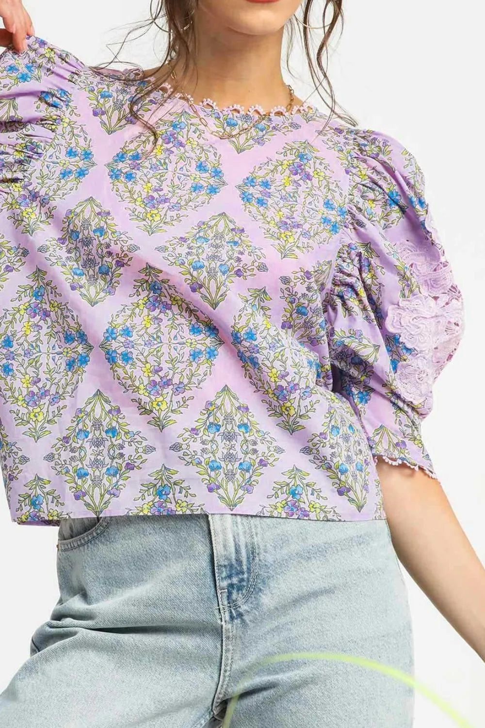 Umgee Printed Lace Puff Sleeve Blouse | Daverri Fashions