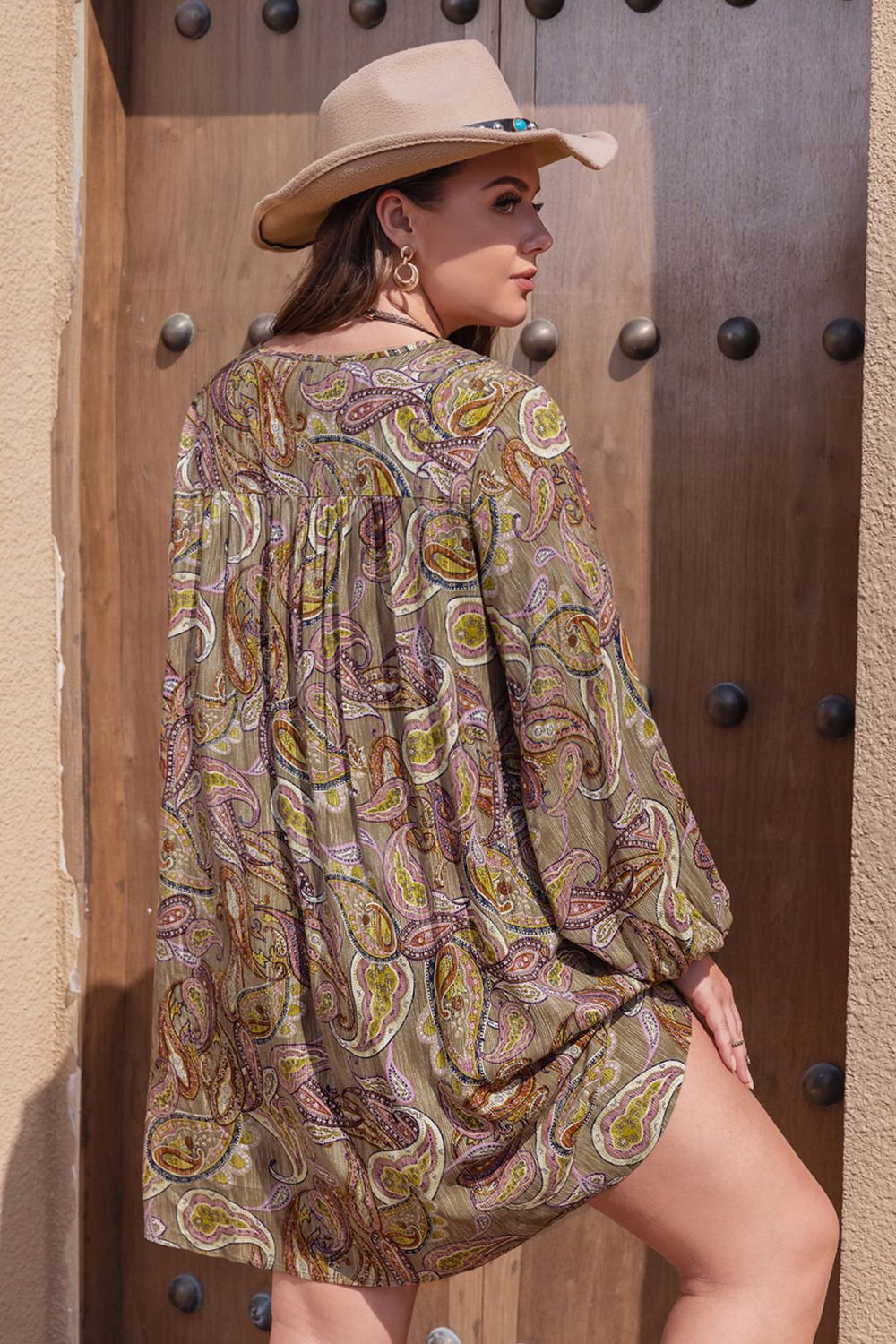 Plus Size Printed V-Neck Long Sleeve Midi Dress | Mini Dresses Daverri Fashions