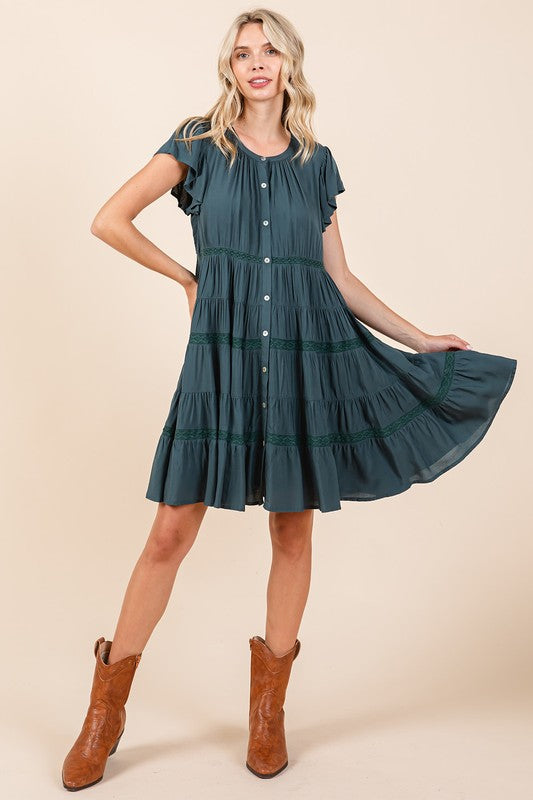 Mittoshop Deep Teal Lace Detail Ruffled Button Down Tiered Dress