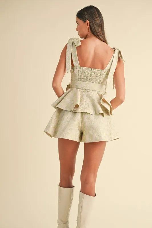 MABLE Jacquard Floral Peplum Top and Flare Shorts Set Outfit Sets