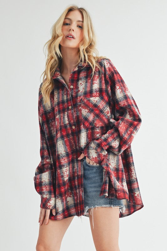 Aemi + Co Washed Plaid Button Up Raglan Sleeve Flannel Shirt Scarlet