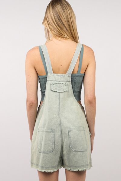 VERY J Washed Frayed Hem Denim Overall Shortalls