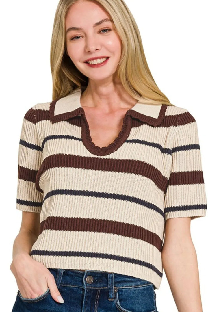 Zenana Striped Collared Short Sleeve Cropped Sweater BROWN