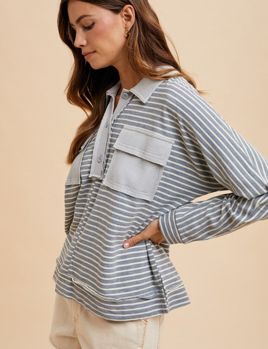 Annie Wear Striped Button Detail Long Sleeve Polo Top Tops