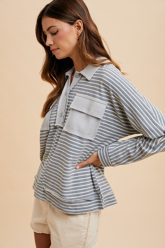 Annie Wear Striped Button Detail Long Sleeve Polo Top Tops