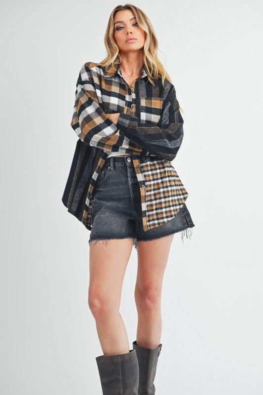 Aem+Co Curved Hem Plaid Button Up Shirt Shirts