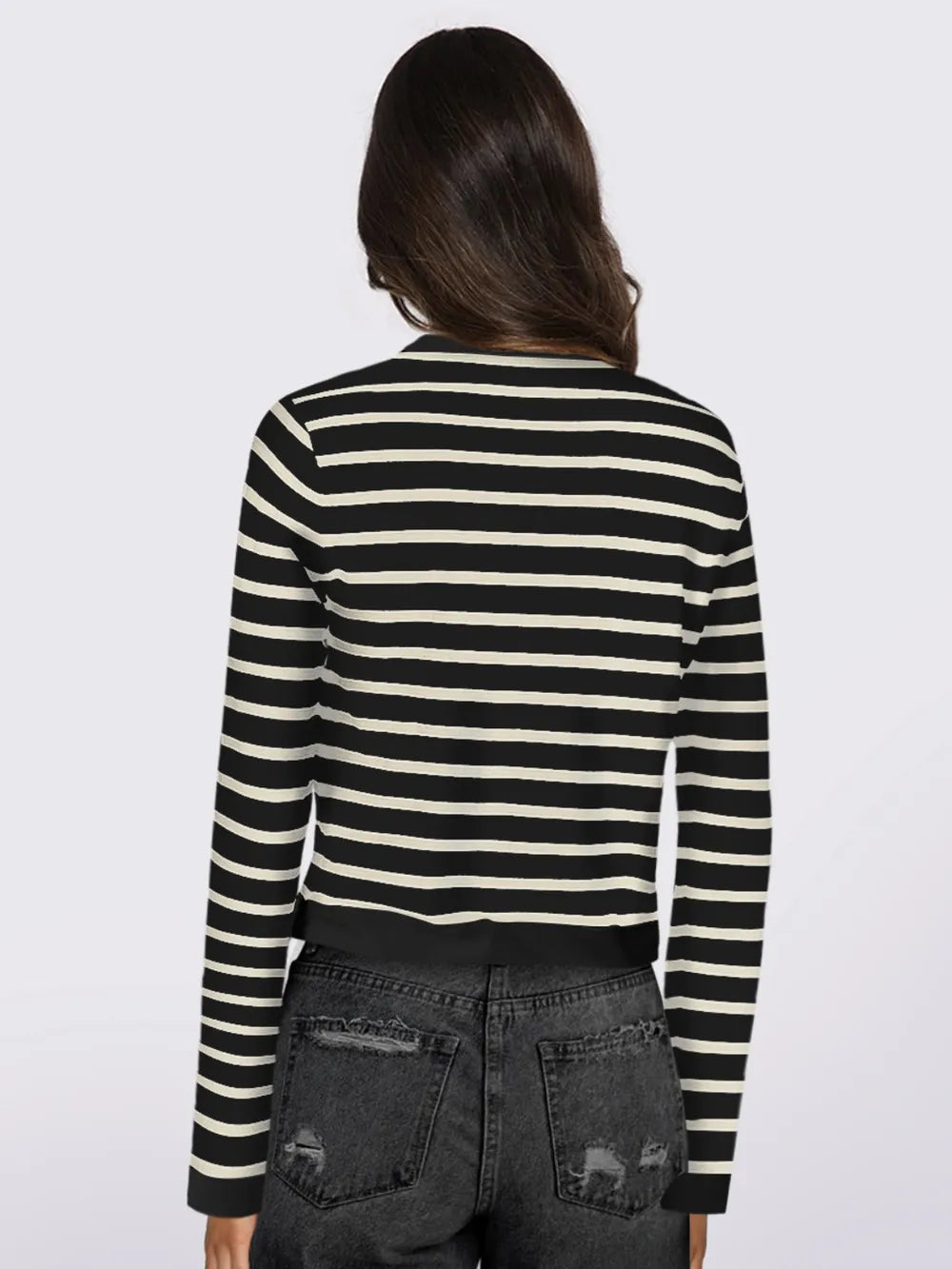 Striped Round Neck Button Up Long Sleeve Cardigan | Cardigans Daverri Fashions
