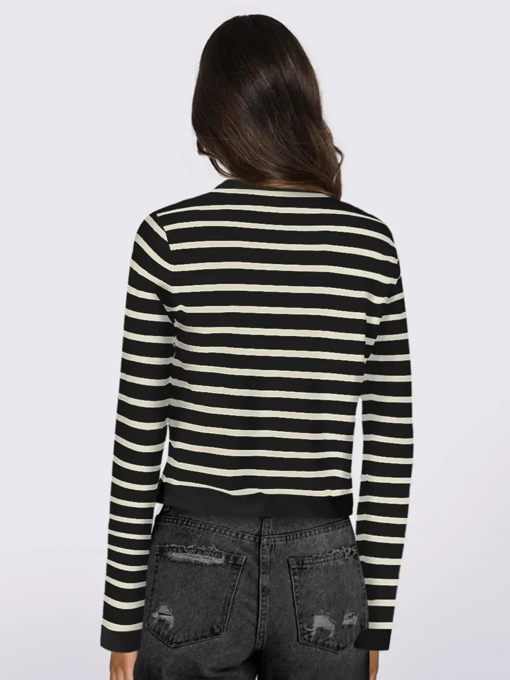 Striped Round Neck Button Up Long Sleeve Cardigan - DAVERRI FASHIONS