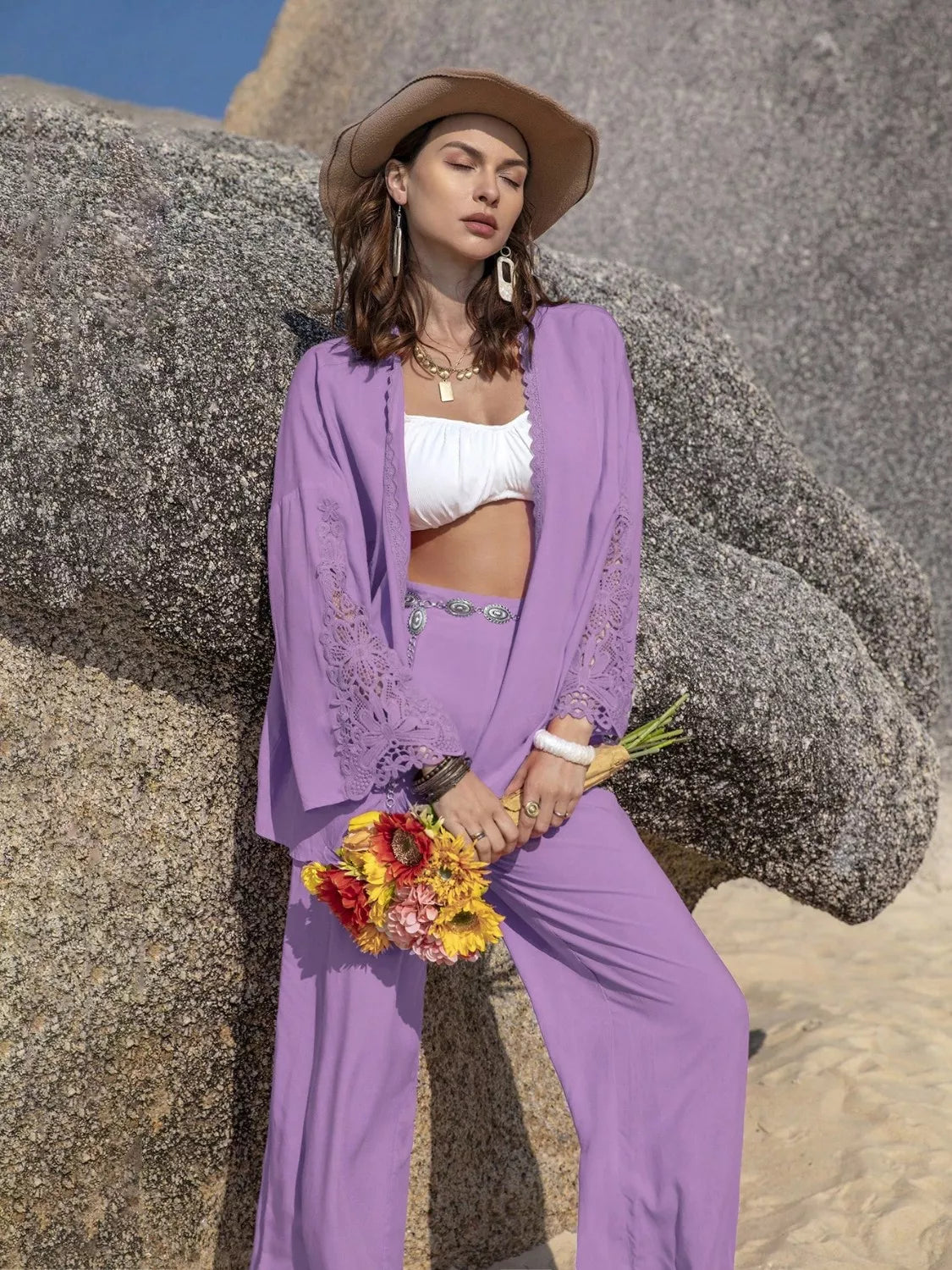 Lavender lace-trimmed wide-leg pants set with open cardigan and white bikini top