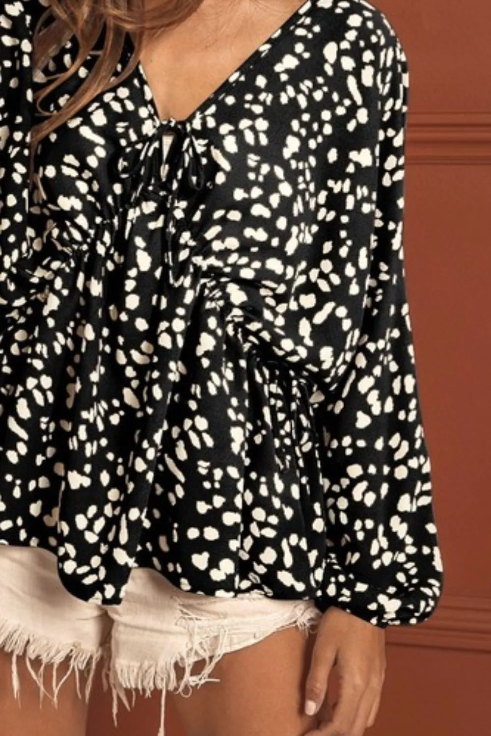 Leopard Woven Tied Spaghetti V Neck Long Sleeve Top | Blouses Daverri Fashions