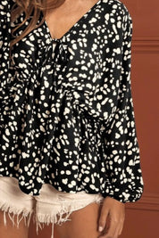 Leopard Woven Tied Spaghetti V Neck Long Sleeve Top | Blouses Daverri Fashions
