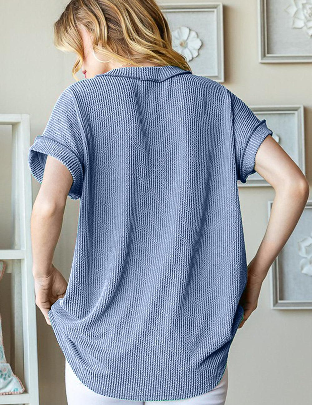 Heimish Full Size Front Pocket Short Sleeve Ribbed Top | Tops Daverri Fashions