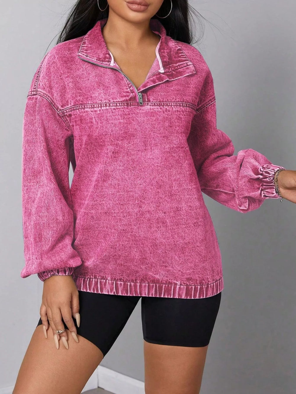 Zip Collar Long Sleeve Denim Top | Tops Daverri Fashions