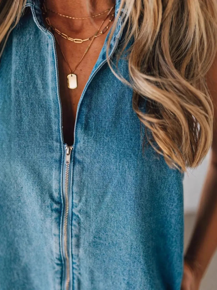Zip Front Sleeveless Denim Romper | Rompers Daverri Fashions